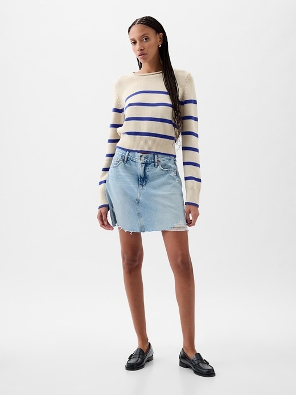 Gap 2024 Roll Neck Sweater Blue and White Fisherman Cropped 100% Cotton Size XS - Picture 4 of 11